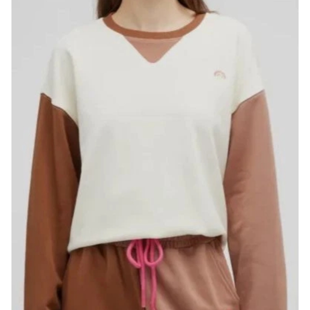 NWT Terez Color Block Rainbow 100% Cotton Crewneck Sweater Beige Brown Small